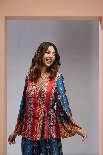 Navy blue silk printed co-ord set