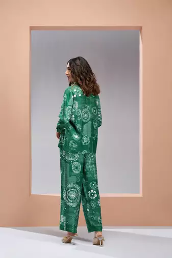 Dark green muslin silk printed co-ord set