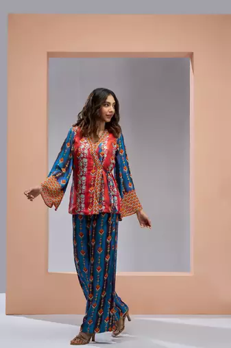 Navy blue silk printed co-ord set