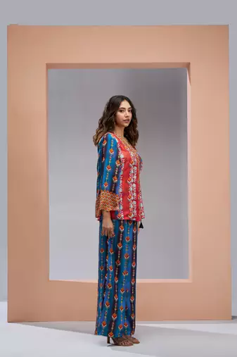 Navy blue silk printed co-ord set
