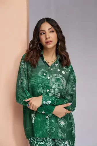 Dark green muslin silk printed co-ord set