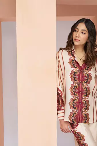 Cream printed silk co-ord sets