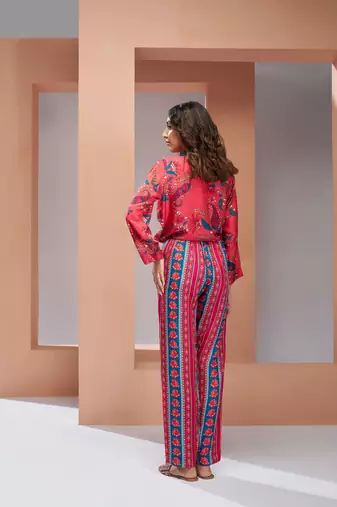 Coral pink muslin silk printed co-ord set
