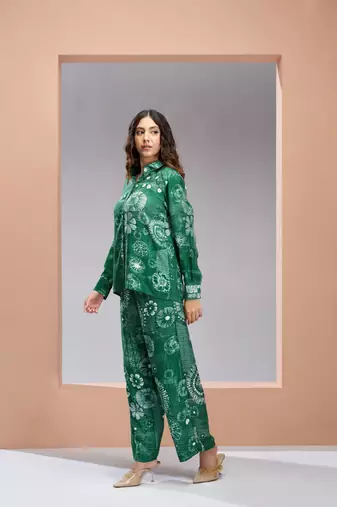 Dark green muslin silk printed co-ord set