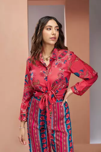 Coral pink muslin silk printed co-ord set