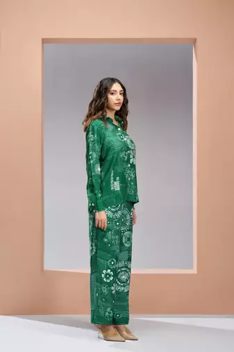Dark green muslin silk printed co-ord set