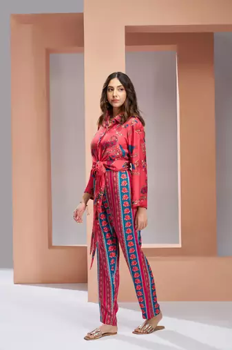 Coral pink muslin silk printed co-ord set