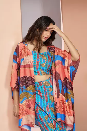Aqua blue muslin art silk skirt set