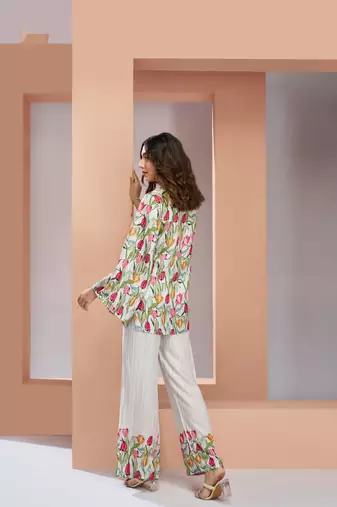 Off white muslin art silk printed Co-ord set