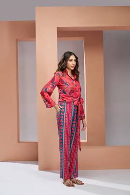 Coral pink muslin silk printed co-ord set 6