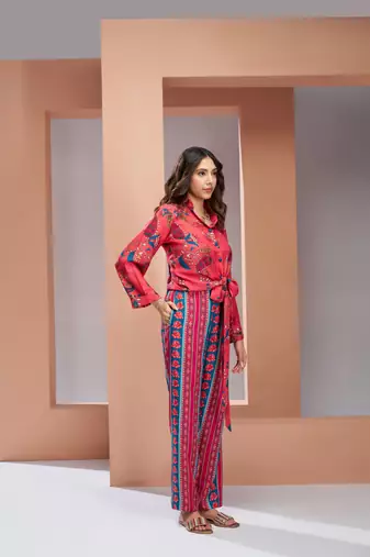 Coral pink muslin silk printed co-ord set