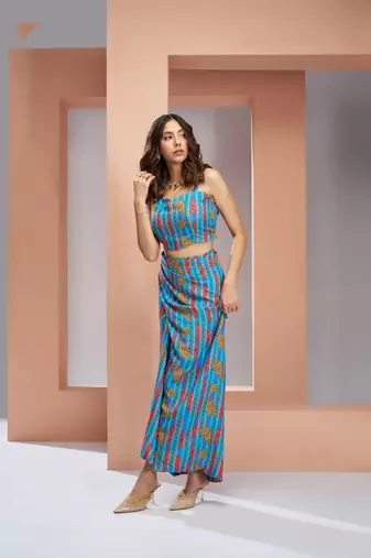 Aqua blue muslin art silk skirt set