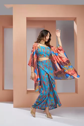 Aqua blue muslin art silk skirt set