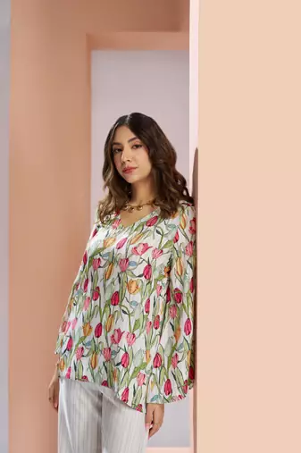Off white muslin art silk printed Co-ord set