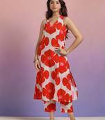 Red & white cotton blend floral printed kurta set