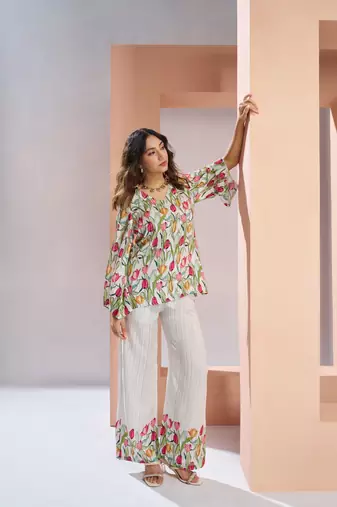 Off white muslin art silk printed Co-ord set