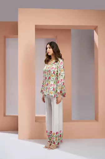 Off white muslin art silk printed Co-ord set