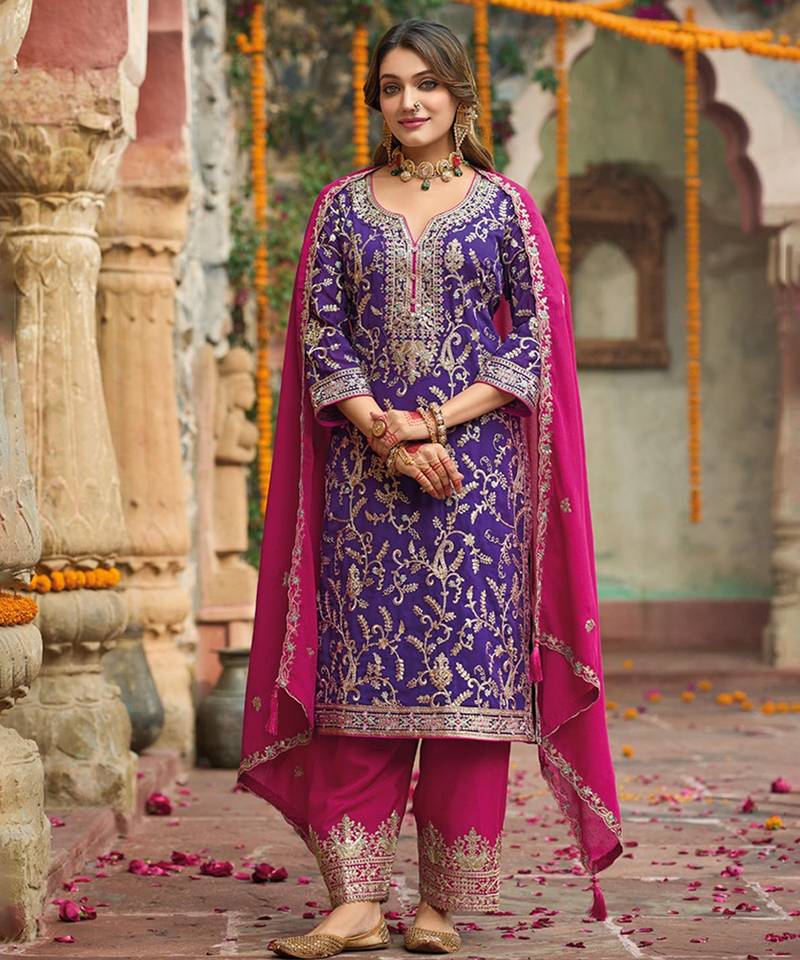 Purple Embroidered Chinon Punjabi Salwar Suit (Free Size)