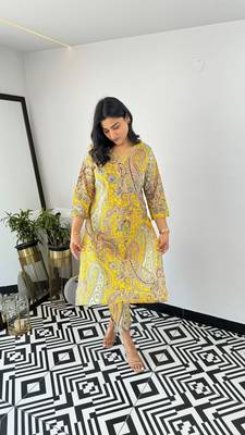 Yellow viscosee printed kurta set  2