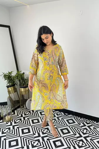 Yellow viscosee printed kurta set 