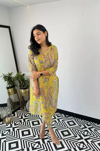 Yellow viscosee printed kurta set 