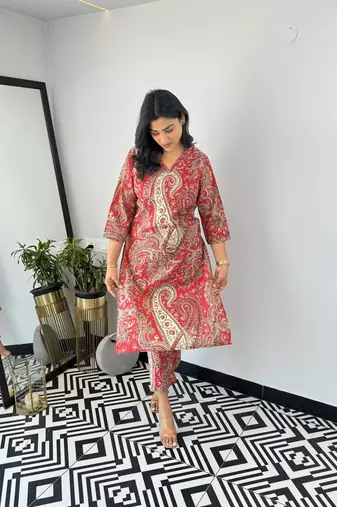 Red viscosee printed kurta set