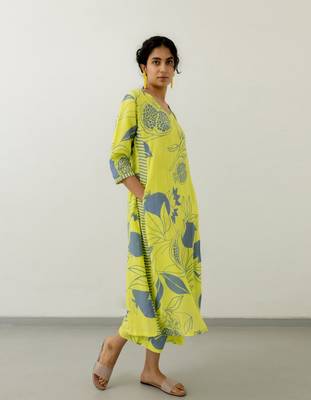 Yellow printed viscosee kurtaset 3