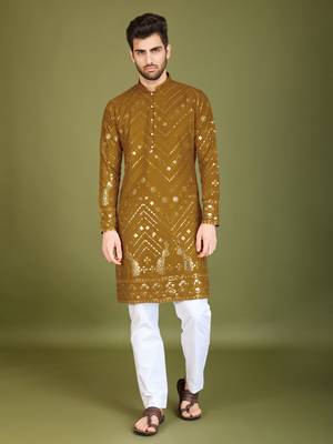 Mustard viscose rayon designer thread with sequins embroidery work ceremonial men's kurta 1