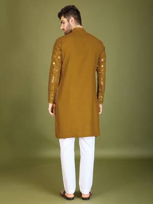 Mustard viscose rayon designer thread with sequins embroidery work ceremonial men's kurta 2