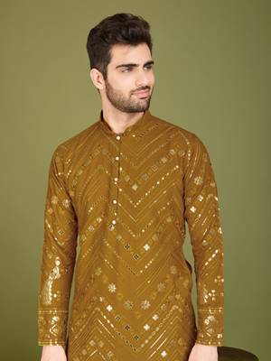 Mustard viscose rayon designer thread with sequins embroidery work ceremonial men's kurta 3