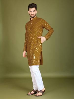 Mustard viscose rayon designer thread with sequins embroidery work ceremonial men's kurta 4