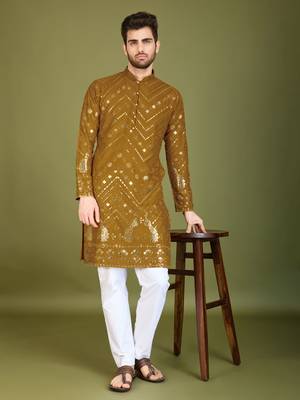Mustard viscose rayon designer thread with sequins embroidery work ceremonial men's kurta 5