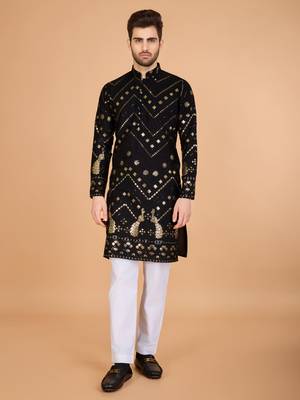 Black viscose rayon designer thread with sequins embroidery work ceremonial men's kurta 1
