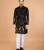 Black viscose rayon designer thread with sequins embroidery work ceremonial men's kurta