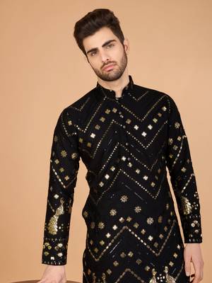 Black viscose rayon designer thread with sequins embroidery work ceremonial men's kurta 3