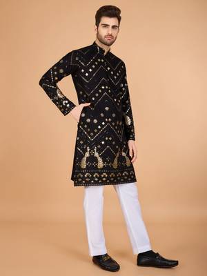 Black viscose rayon designer thread with sequins embroidery work ceremonial men's kurta 4