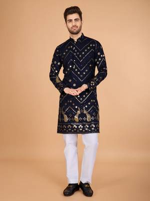 Nevy blue viscose rayon designer thread with sequins embroidery work ceremonial men's kurta 3
