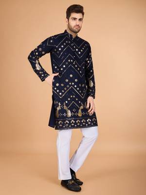 Nevy blue viscose rayon designer thread with sequins embroidery work ceremonial men's kurta 5