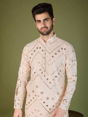 Ivery viscose rayon designer thread with sequins embroidery work ceremonial men's kurta 3