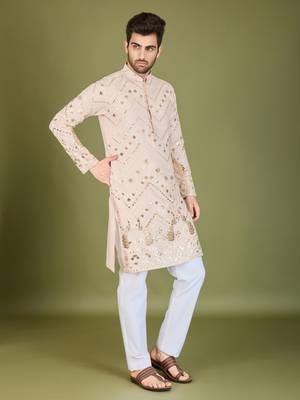 Ivery viscose rayon designer thread with sequins embroidery work ceremonial men's kurta 5