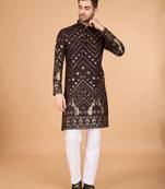 Brown viscose rayon designer thread with sequins embroidery work ceremonial men's kurta