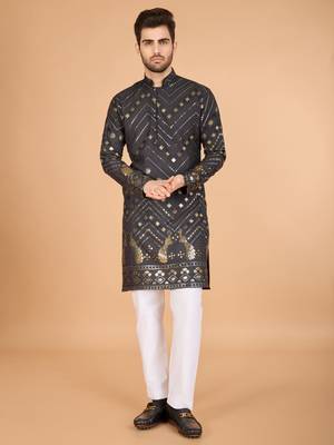 Grey viscose rayon designer thread with sequins embroidery work ceremonial men's kurta 1