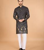Grey viscose rayon designer thread with sequins embroidery work ceremonial men's kurta