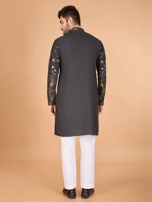 Grey viscose rayon designer thread with sequins embroidery work ceremonial men's kurta 2