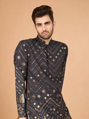 Grey viscose rayon designer thread with sequins embroidery work ceremonial men's kurta 3
