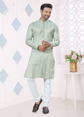 Green jacquard silk pintex weaving jacquard ethnic festive wear men's kurta payjama 1