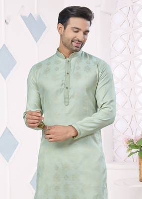 Green jacquard silk pintex weaving jacquard ethnic festive wear men's kurta payjama 2