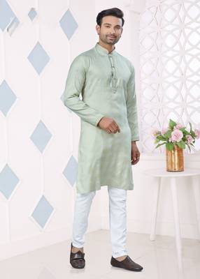 Green jacquard silk pintex weaving jacquard ethnic festive wear men's kurta payjama 3