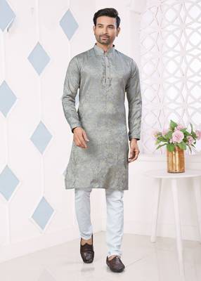 Grey jacquard silk pintex,weaving jacquard designer ethnic festive wear men's kurta payjama 1