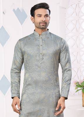 Grey jacquard silk pintex,weaving jacquard designer ethnic festive wear men's kurta payjama 2